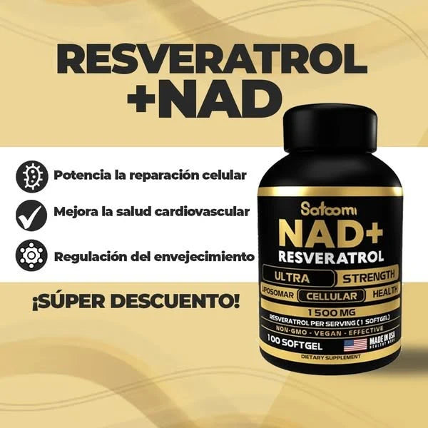NAD+ Resveratrol™ 100 Cápsulas – Disfruta de una piel más joven y mejora tu bienestar diario.