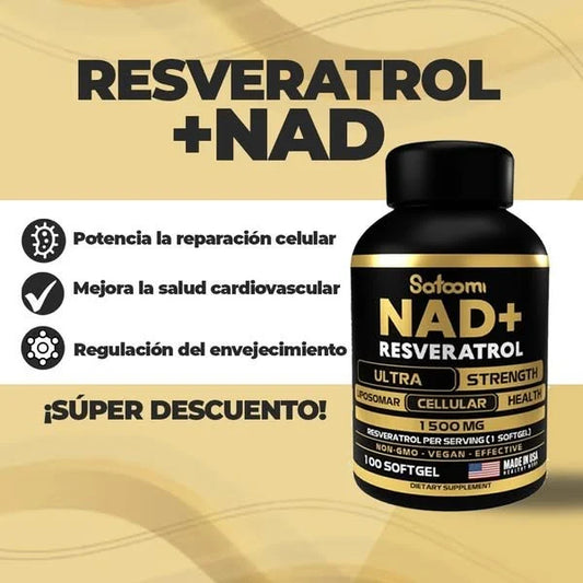 NAD+ Resveratrol™ 100 Cápsulas – Disfruta de una piel más joven y mejora tu bienestar diario.